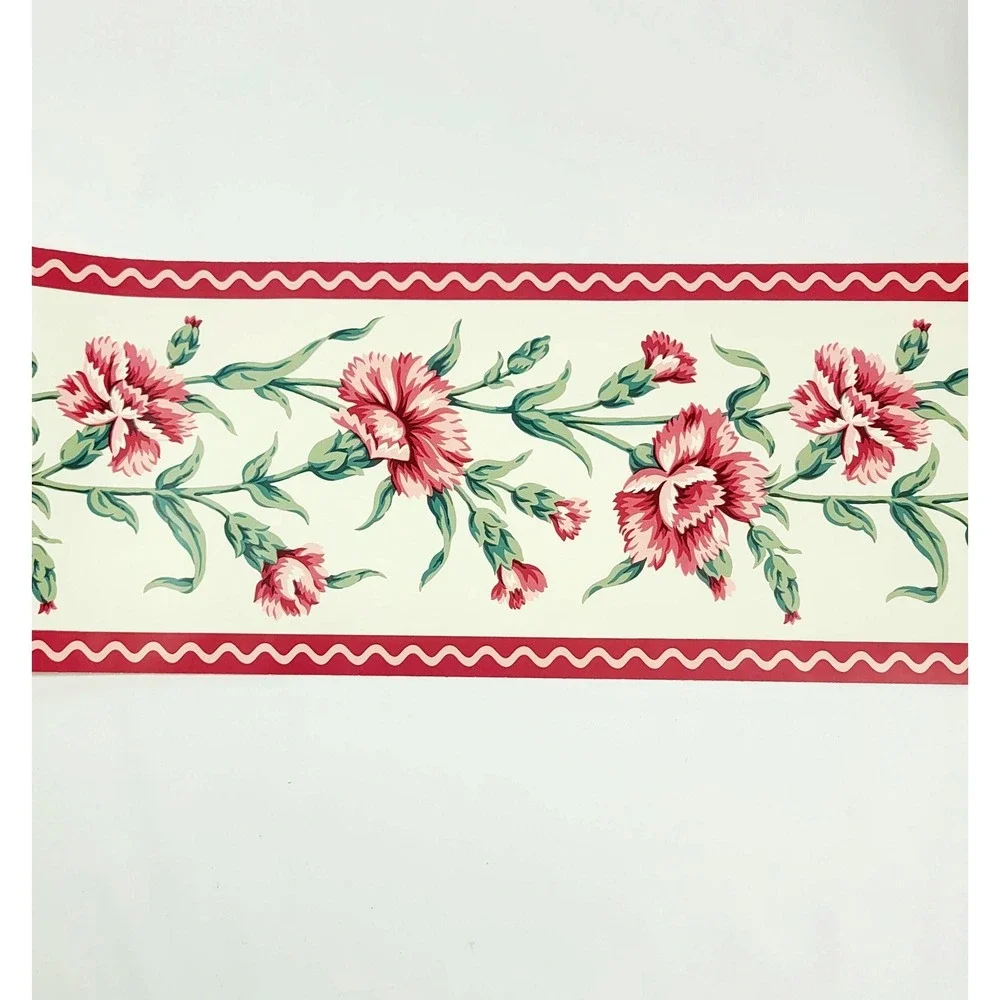 Wavery Red and Pink Carnation Floral Wallpaper Border Scalloped Pattern 3 Rolls